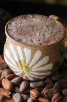 Mexico, Oaxaca, Chocolate caliente, hot chocolate in painted cup with cocoa beans.