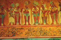 Mexico, Federal District, Mexico City, Museo Nacional de Antropologia, Replica wall painting from Chiapas depicting line of figures with symbols below.