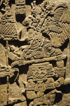Mexico, Federal District, Mexico City, Museo Nacional de Antropologia, Detail of lintel 43 de Yaxchilan relief carving from Chiapas depicting figure carrying ceremonial staff.