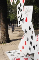 Mexico, Federal District, Mexico City, Bench designed as pack of falling cards on the Paseo de la Reforma, Zona Rosa.
