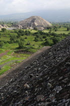 Mexico, Anahuac, Teotihuacan, Pyramid del Sol detail with Pyramid de la Luna beyond.