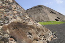 Mexico, Anahuac, Teotihuacan, Detail of pyramid in foreground of Pyramid del Sol.