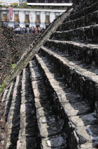 Mexico, Federal District, Mexico City, Part view of steps of main pyramid in Templo Mayor Aztec temple ruins.