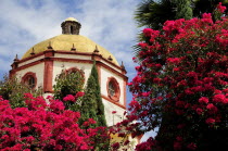 Mexico, Bajio, San Miguel de Allende, Dome of the Parroquia church with bright pink bougainvillea growing in foreground.