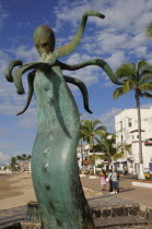 Mexico, Jalisco, Puerto Vallarta, Sculptural piece from La Rotunda del Mar by Alejandro Colunga on the Malecon, depicting bronze seat topped by an octopus