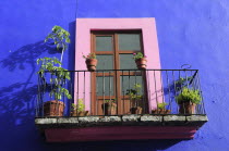 Mexico, Puebla, Colourful architectural detail of French window with pink painted frame set against blue painted exterior wall with balcony and pot plants.