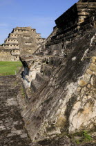 Mexico, Veracruz, Papantla, El Tajin archaeological site, Monument 4 pyramid with Pyramide de los Nichos beyond.