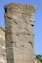 Mexico, Veracruz, Papantla, El Tajin archaeological site, Stone carving at Monument 5.