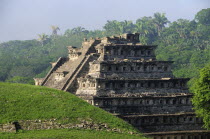 Mexico, Veracruz, Papantla, El Tajin archaeological site, Pyramide de los Nichos from the Juaegos de Pelota Norte.