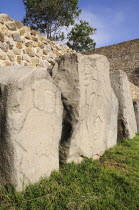 Mexico, Oaxaca, Monte Alban, Relief carved stone blocks depicting dancers.