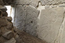 Mexico, Oaxaca, Monte Alban archaeological site, Los Danzantes Gallery, Relief carved stone blocks depicting dancers.