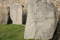 Mexico, Oaxaca, Monte Alban archaeological site, Relief carved stone blocks depicting dancers.