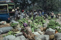 West Indies, Haiti, Banana vendors in street market.