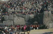 Peru, Cusco, Sacsayhuaman, Inti Raymi the Inca festival of the winter Solstice on June 24 with crowds gathered along the walls.