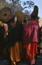 Nepal, Kathmandu, Monks at Tibetan New Year ceremony.