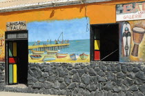 Cape Verde Islands, Island of Sal, Santa Maria, Mural painted in the wall of Kawsara Fall cafe.
