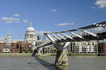 England, London, Millennium Bridge and St Pauls Cathedral.