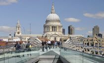 England, London, Millennium Bridge and St Pauls Cathedral.