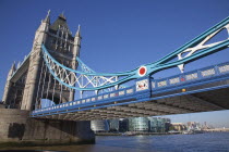 England, London, Tower Bridge with HMS Belfast visible.