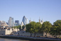 England, London, view of the Tower of London and the Gherkin, St Mary Axe.