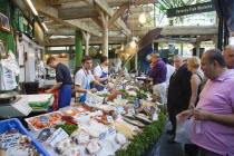 England, London, Southwark, Borough Market, Londons oldest fresh fruit and vegetable market, Furness Fish stall display.