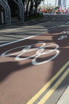 England, London, Stratford, Olympic Games Lane marked on road.