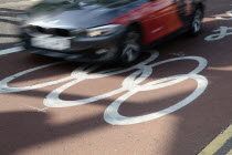 England, London, Stratford, Olympic Games Lane marked on road.
