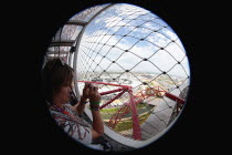 England, London, Stratford, Fisheye view over the Olympic park from Anish Kapoors Orbit sculpture.