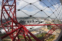 England, London, Stratford, Fisheye view over the Olympic park from Anish Kapoors Orbit sculpture.