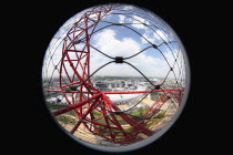 England, London, Stratford, Fisheye view over the Olympic park from Anish Kapoors Orbit sculpture.