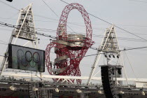 England, London, Stratford, Olympic Park, Detail of the Orbit by Anish Kapoor seen from within the Stadium.