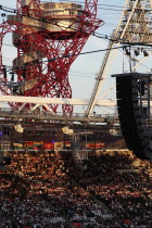 England, London, Stratford, Olympic Park, Detail of the Orbit by Anish Kapoor seen from within the Stadium.