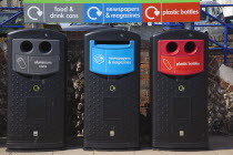 England, East Sussex, Eastbourne, Recycling bins on the seafront promenade.