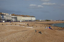 England, East Sussex, Eastbourne, View across shingle beach to the east.