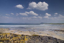 Ireland, County Sligo, Aughris Head, beach looking north with Ben Bulben and Knocknarea.