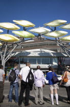 England, London, View of Stratford Shopping Centre showing the 'Stratford Shoal' sculpture.