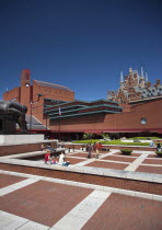 England, London, View of the British Library showing Eduardo Paolozz sculpture, Euston Road.