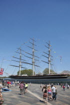 England, London, Greenwich, View of the Cutty Sark after restoration.