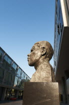 England, London, A sculpture of Nelson Mandela's head located outside the Royal Festival Hall, on South Bank celebrates the 70th anniversary of the African National Congress.