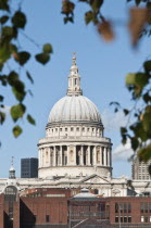 England, Lodnon, The dome of Sir Christopher Wren's St Paul's cathedral in the city.