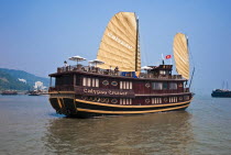 Vietnam, Gulf of Tonkin, Cruise Ship in the Ha Long Bay.