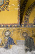 Turkey, Istanbul, Sultanahmet, Haghia Sophia the 13th Century Deesis mosaic of Jesus Christ and St John The Baptist in the South Gallery.