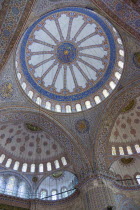 Turkey, Istanbul, Sultanahmet Camii, The Blue Mosque interior with decorated painted domes.