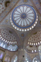 Turkey, Istanbul, Sultanahmet Camii, The Blue Mosque interior with decorated painted domes.