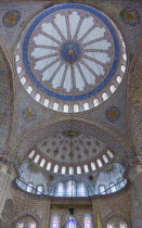 Turkey, Istanbul, Sultanahmet Camii, The Blue Mosque interior with decorated painted domes.