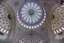 Turkey, Istanbul, Sultanahmet Camii, The Blue Mosque interior with decorated painted domes.