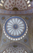Turkey, Istanbul, Sultanahmet Camii, The Blue Mosque interior with decorated painted domes.