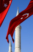 Turkey, Istanbul, Sultanahmet, Haghia Sophia minaret and Turkish red flag with white crescent moon and star.