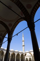 Turkey, Istanbul, Sultanahmet Camii, The Blue Mosque Courtyard with minaret.