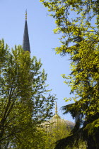 Turkey, Istanbul, Sultanahmet Camii, The Blue Mosque dome and minaret seen through trees in the gardens.